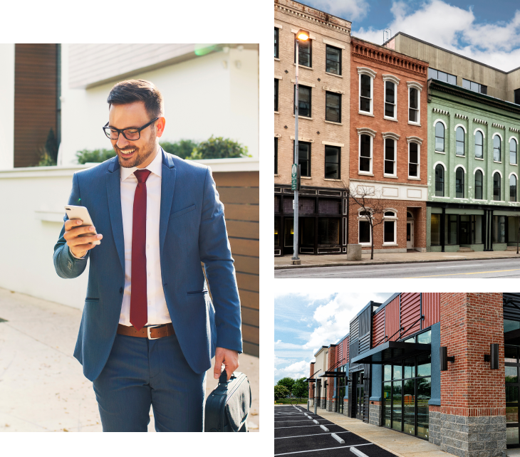 A split-image layout: on the left, a semi-transparent overlay shows the text ‘WHY PATRIOT DEVELOPMENT’ over a background of architectural blueprints and building renderings; on the right, a 50/50 diagonal division with bold “50 / 50” numeric text, overlaid on a modern cityscape silhouette.